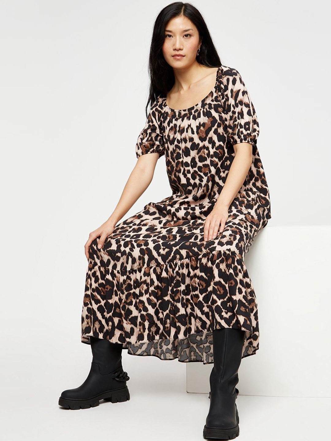 

DOROTHY PERKINS Black & Brown Animal A-Line Midi Dress