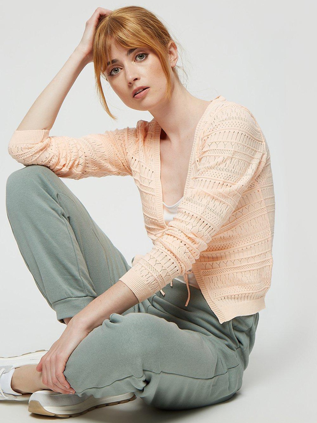 

DOROTHY PERKINS Women Peach-Coloured Open Knit Tie Front Cardigan