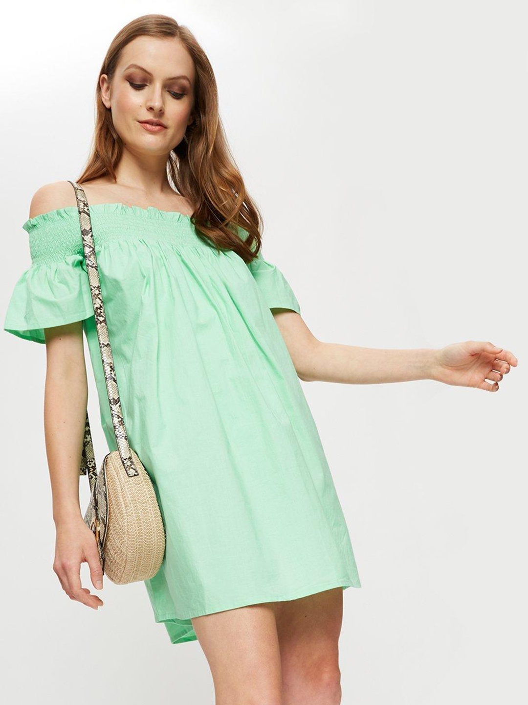 

DOROTHY PERKINS Green Pure Cotton Smocked Bardot Mini Dress