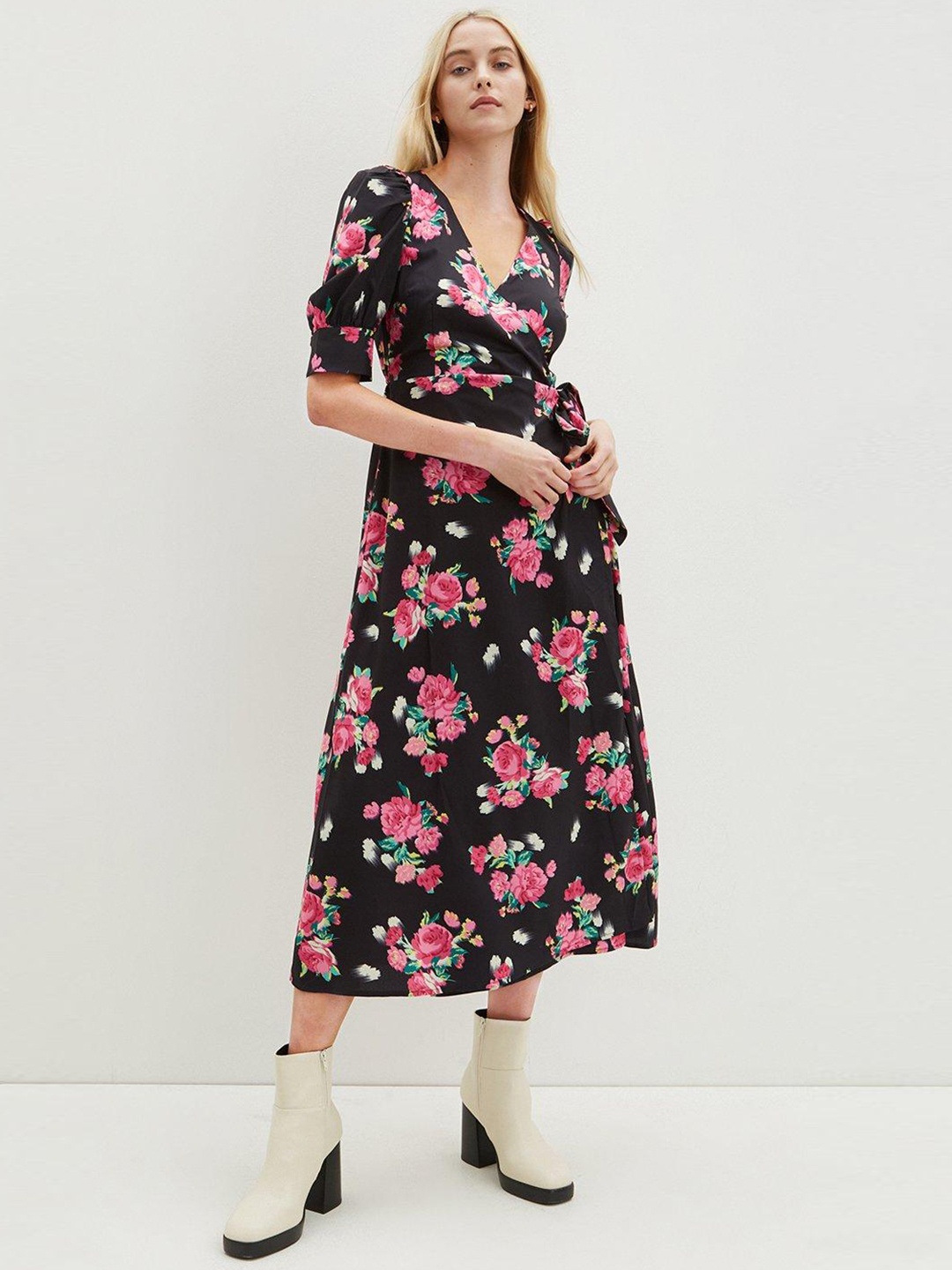 

DOROTHY PERKINS Pink & Black Floral Wrap Midi Dress