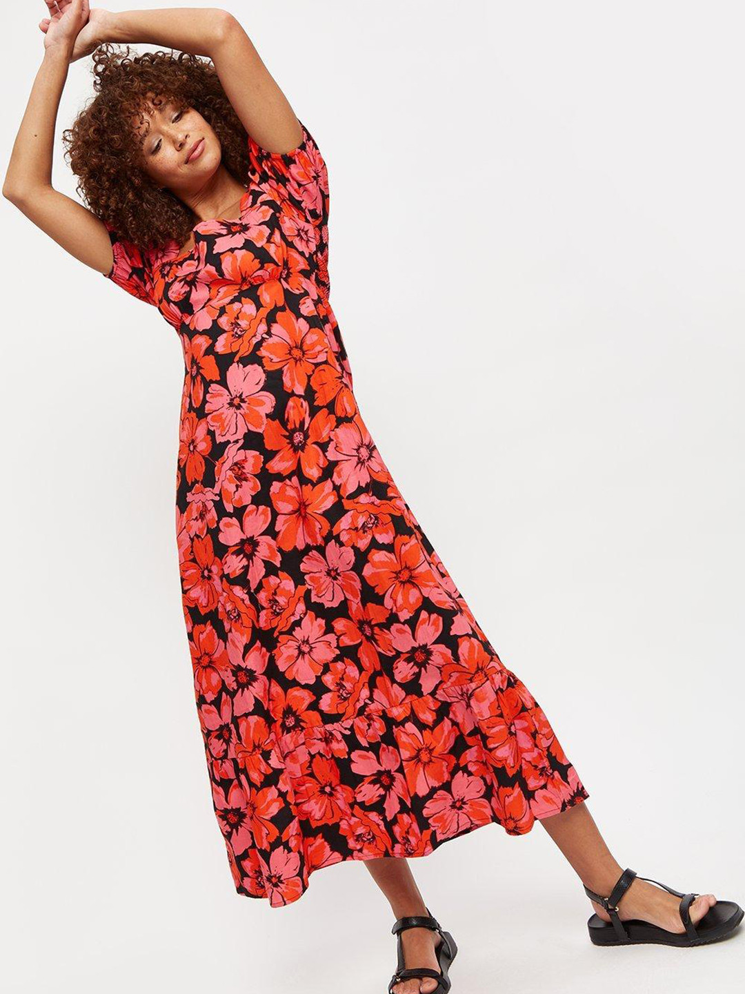 

DOROTHY PERKINS Red & Black Pure Cotton Floral A-Line Midi Dress