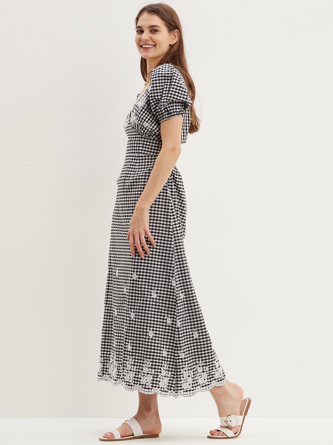 

DOROTHY PERKINS Black & White Pure Cotton Gingham Checked Embroidered A-Line Midi Dress