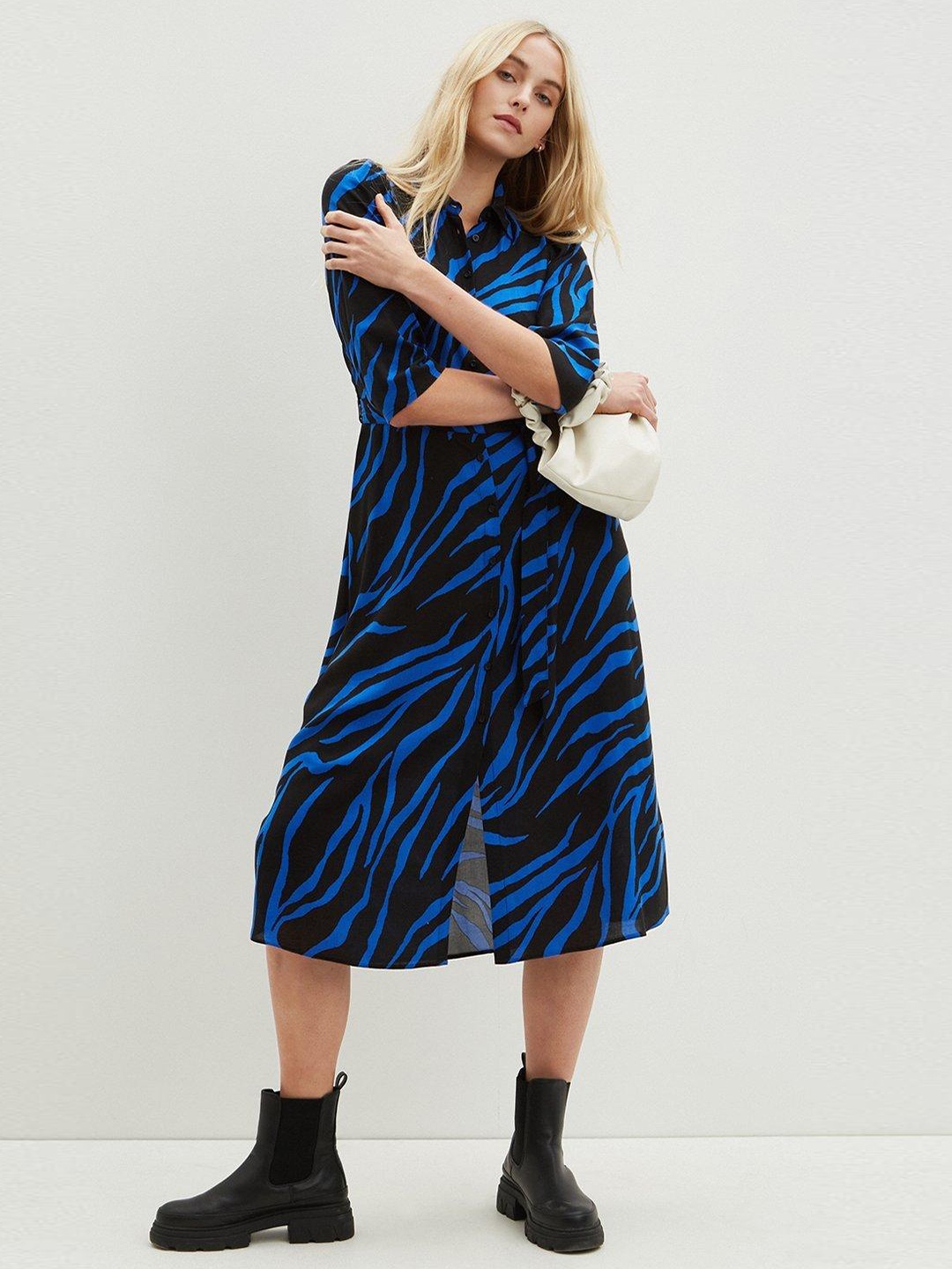 

DOROTHY PERKINS Black & Navy Blue Animal Shirt Midi Dress
