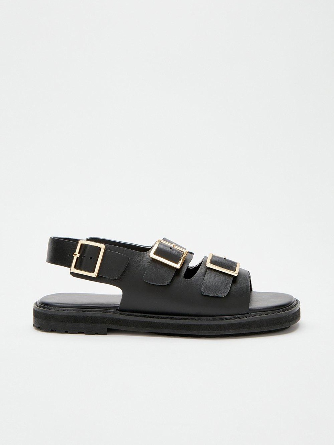 

DOROTHY PERKINS Women Black Leather Open Toe Flats with Buckles