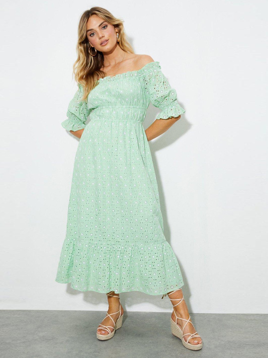 

DOROTHY PERKINS Green Floral Off-Shoulder A-Line Midi Dress