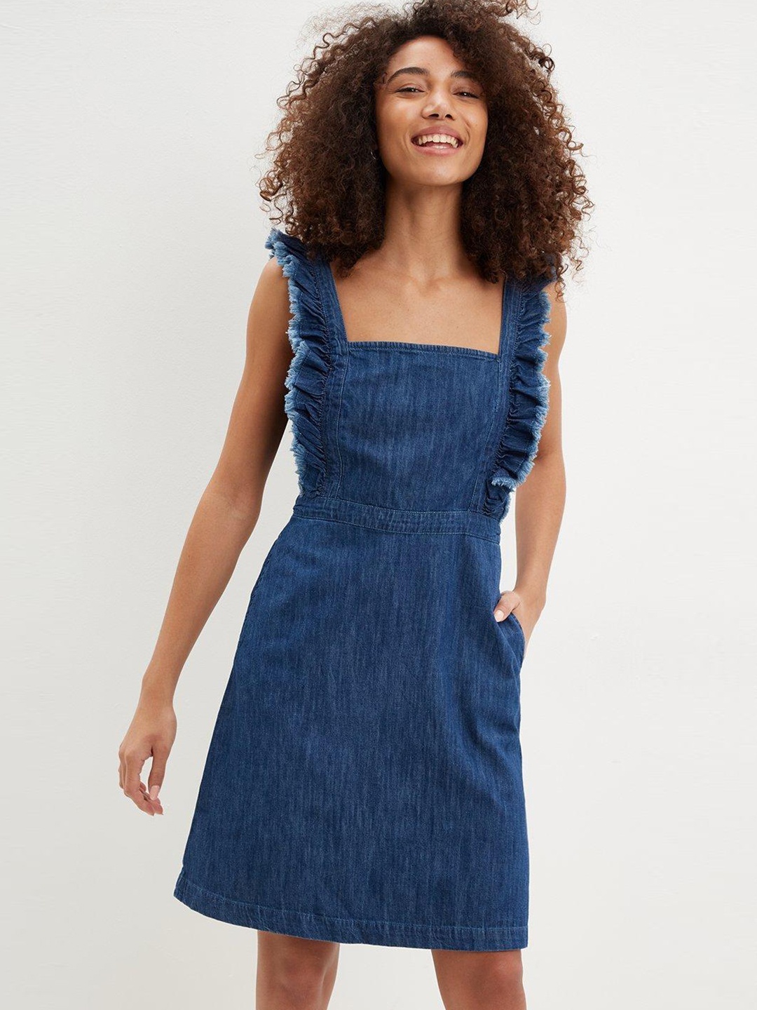 

DOROTHY PERKINS Blue Pure Cotton Ruffle A-Line Denim Dress