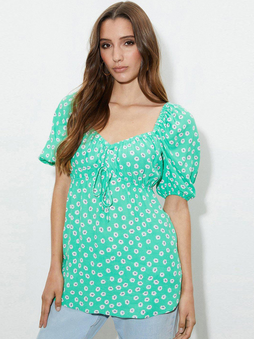 

DOROTHY PERKINS Green & White Floral Print Sweetheart Neck Top