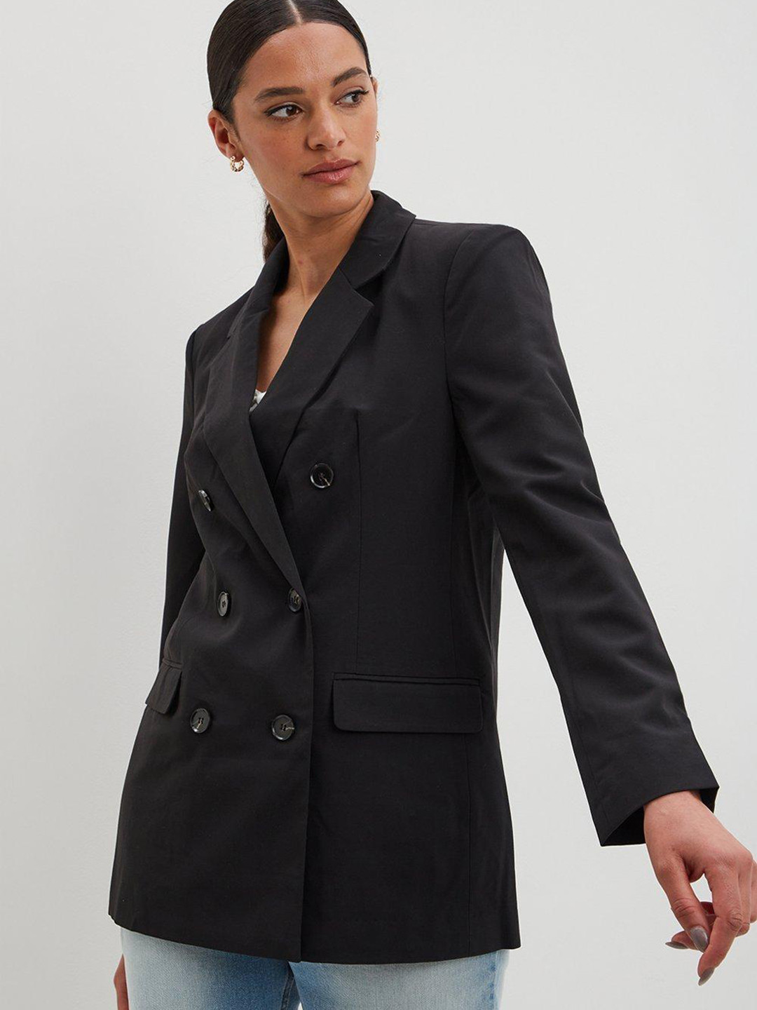 

DOROTHY PERKINS Black Solid Double-Breasted Longline Woven Blazer