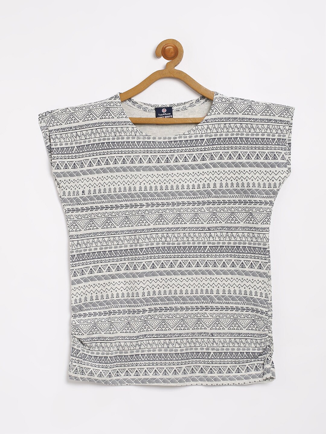 

V2 Value & Variety Grey & White Geometric Print Extended Sleeves Pure Cotton Top