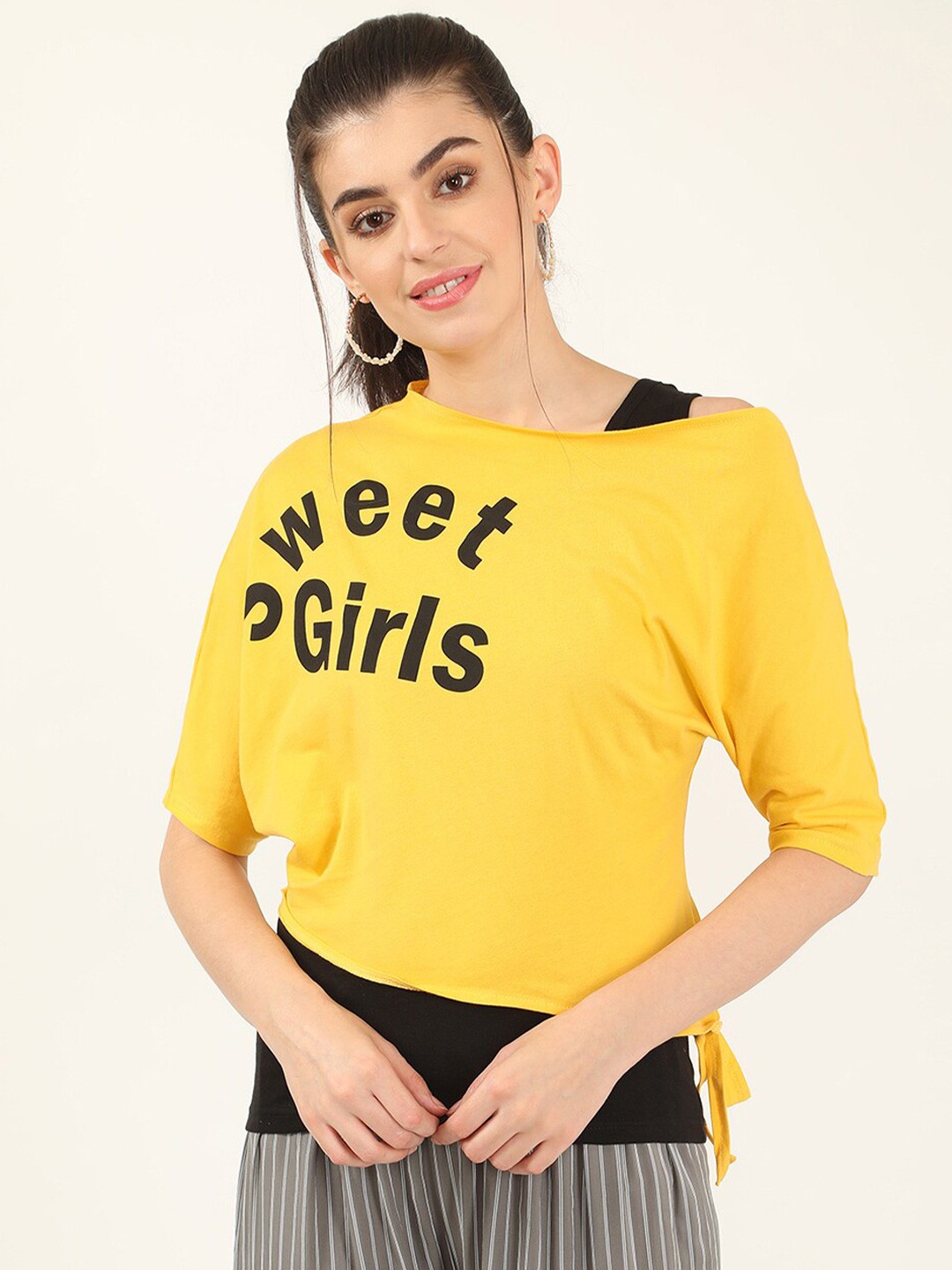 

V2 Value & Variety Mustard Yellow & Black Typography Printed Round Neck Top
