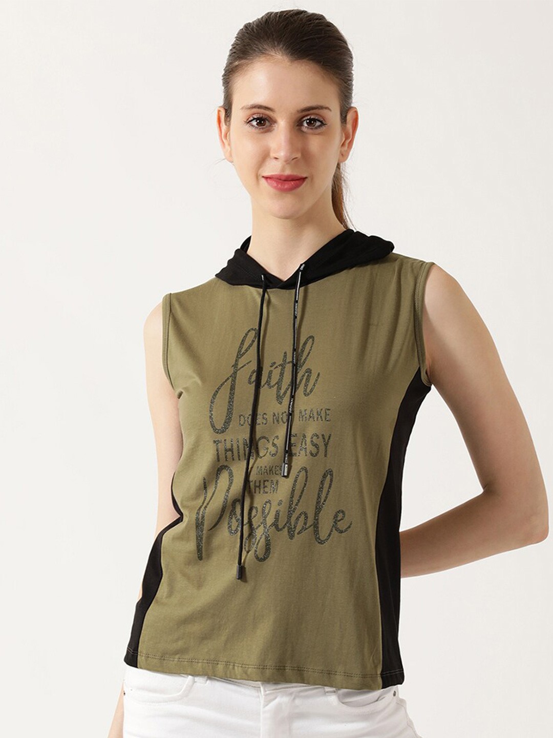 

V2 Value & Variety Green & Black Typography Colourblocked Hooded Pure Cotton Top