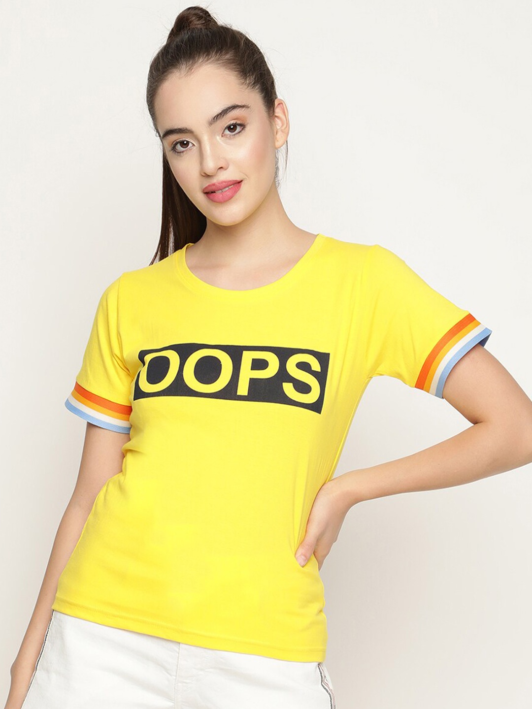 

V2 Value & Variety Yellow & Black Typography Printed Round Neck Pure Cotton Top