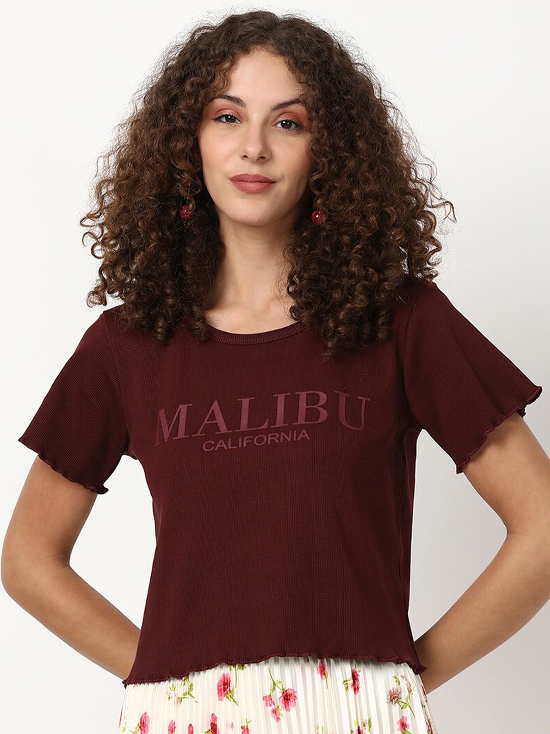 

V2 Value & Variety Maroon Typography Printed Round Neck Top