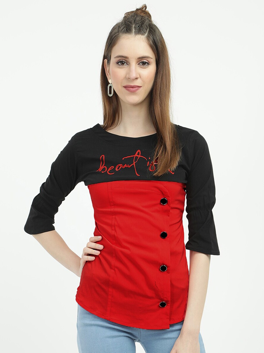 

V2 Value & Variety Red & Black Colourblocked Round Neck Top