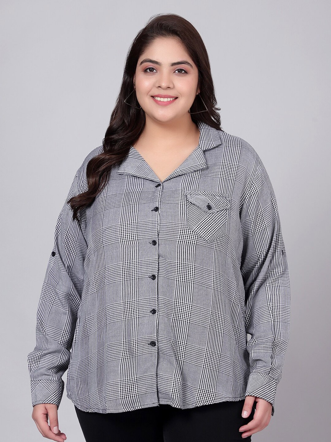 

Indietoga Women Plus Size Black & White Checkered Rayon Shirt