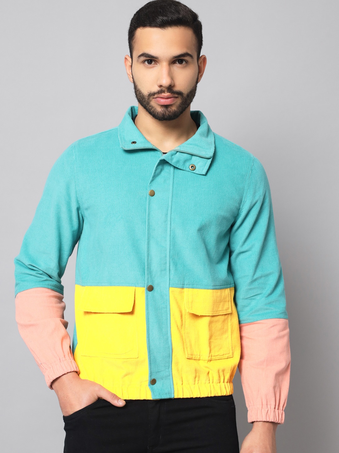 

The Dry State Men Teal & Yellow Colourblocked Corduroy Lightweight Bomber Jacket