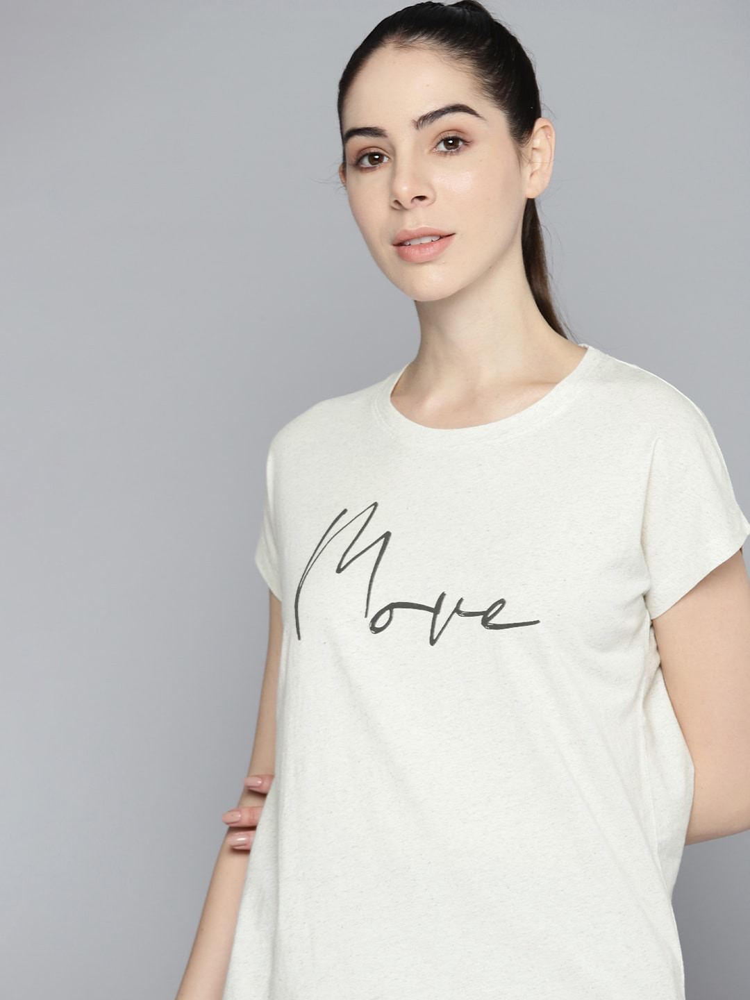 

HRX by Hrithik Roshan Typography Printed Extended Sleeves Organic Cotton Yoga Sustainable T-shirt, Off white