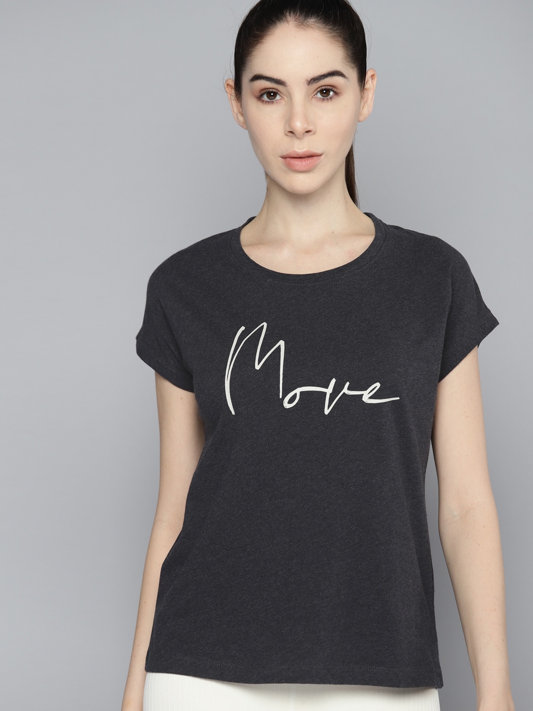 

HRX by Hrithik Roshan Typography Printed Extended Sleeves Organic Cotton Yoga Sustainable T-shirt, Charcoal