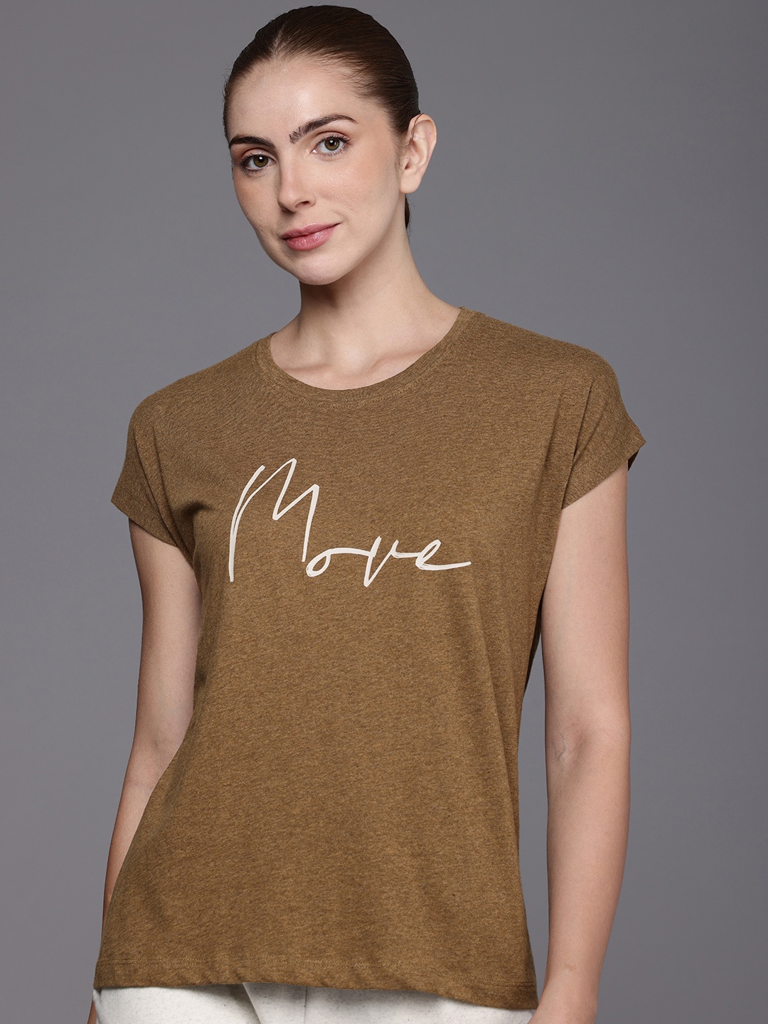 

HRX by Hrithik Roshan Pure Cotton Typography Printed Extended Sleeves Yoga T-shirt, Brown