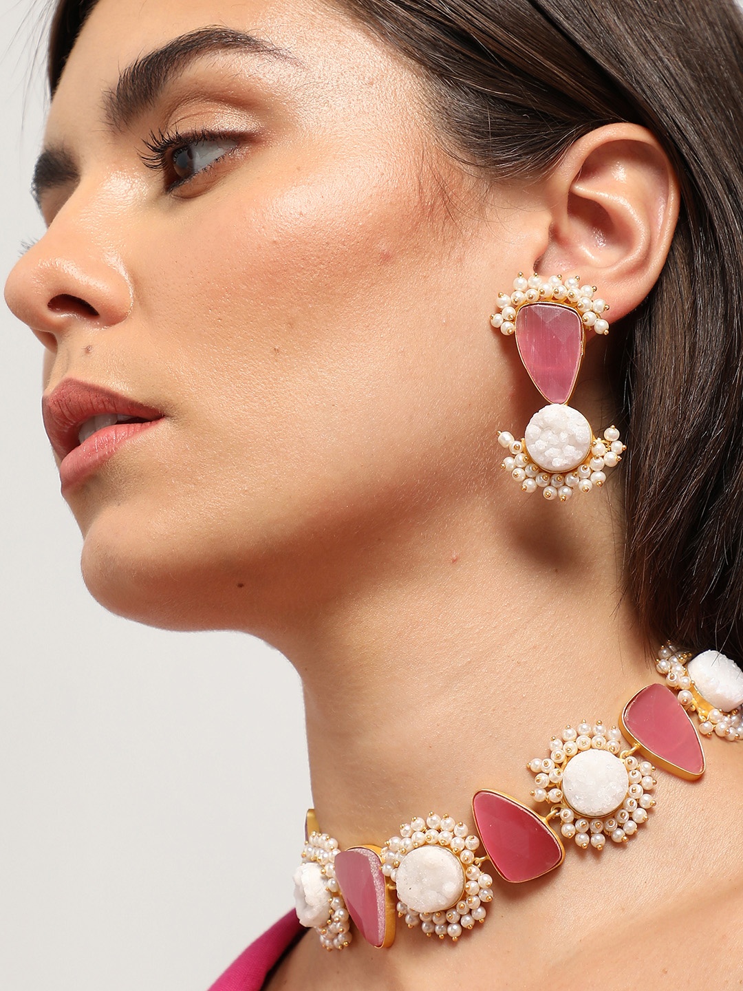 

SOHI Women Gold-Plated Pink & White Stone-Studded Jewellery Set