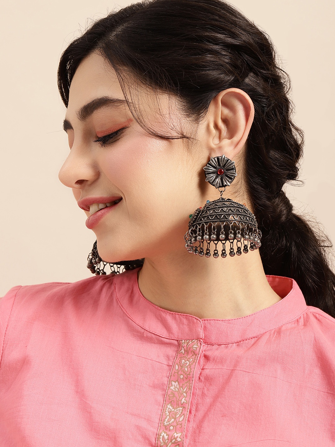 

Sangria Dome Shaped Oxidised Jhumkas, Silver
