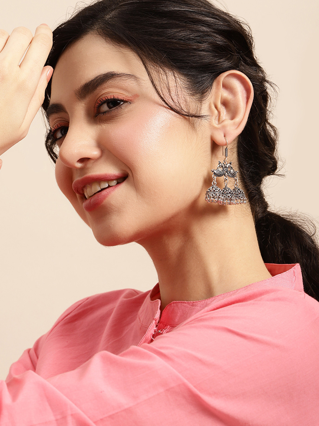 

Sangria Dome Shaped Oxidised Jhumkas, Silver