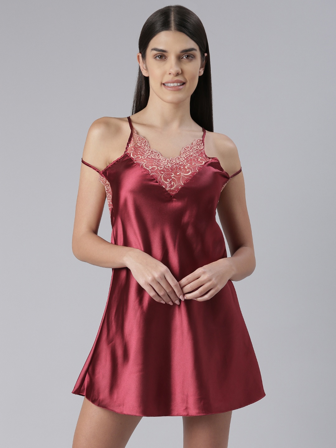 

miorre Satin Baby Doll With Lace Inserts, Burgundy