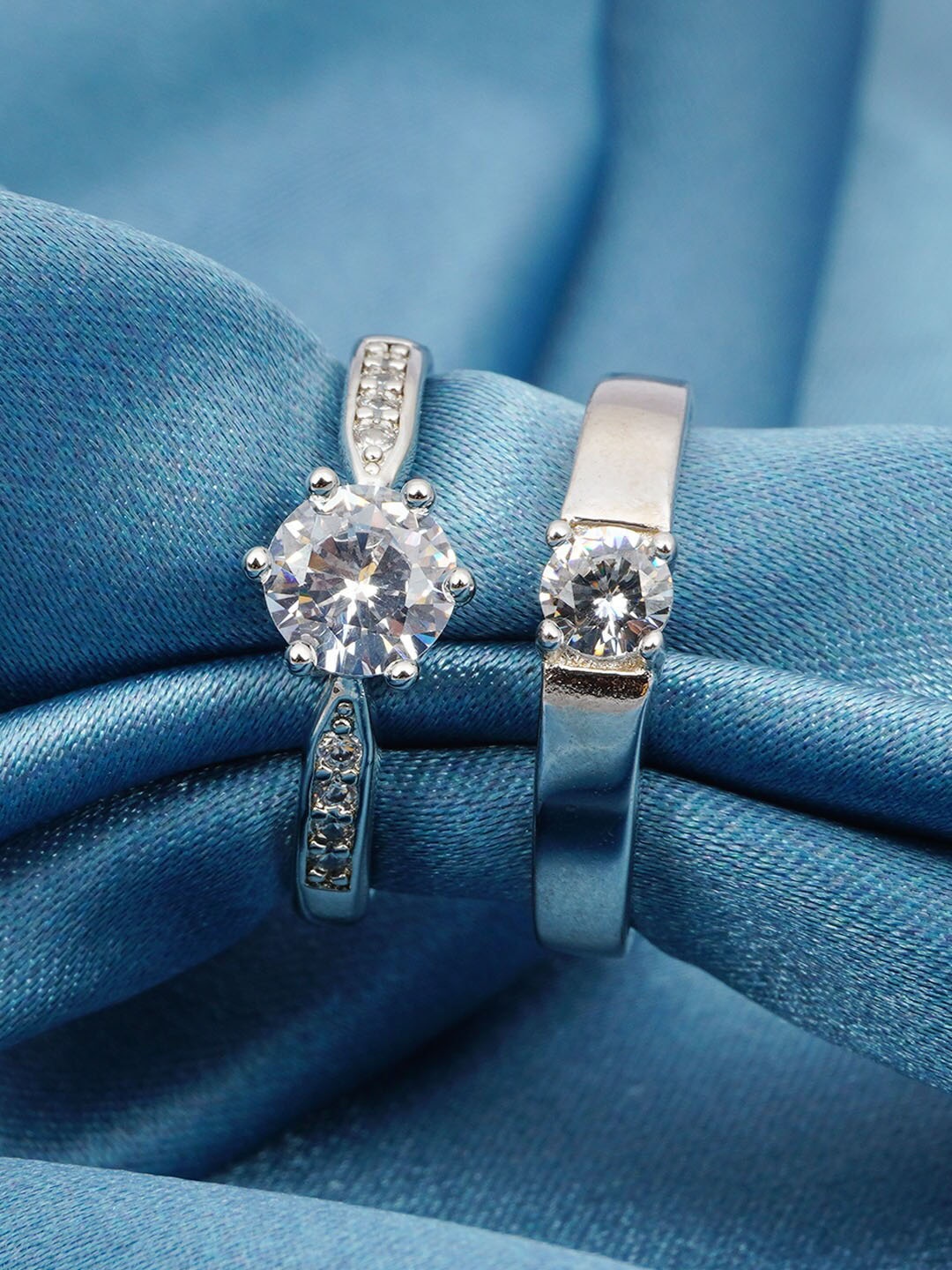 

Ferosh Set Of 2 Stones Studded Couples Finger Rings, Silver