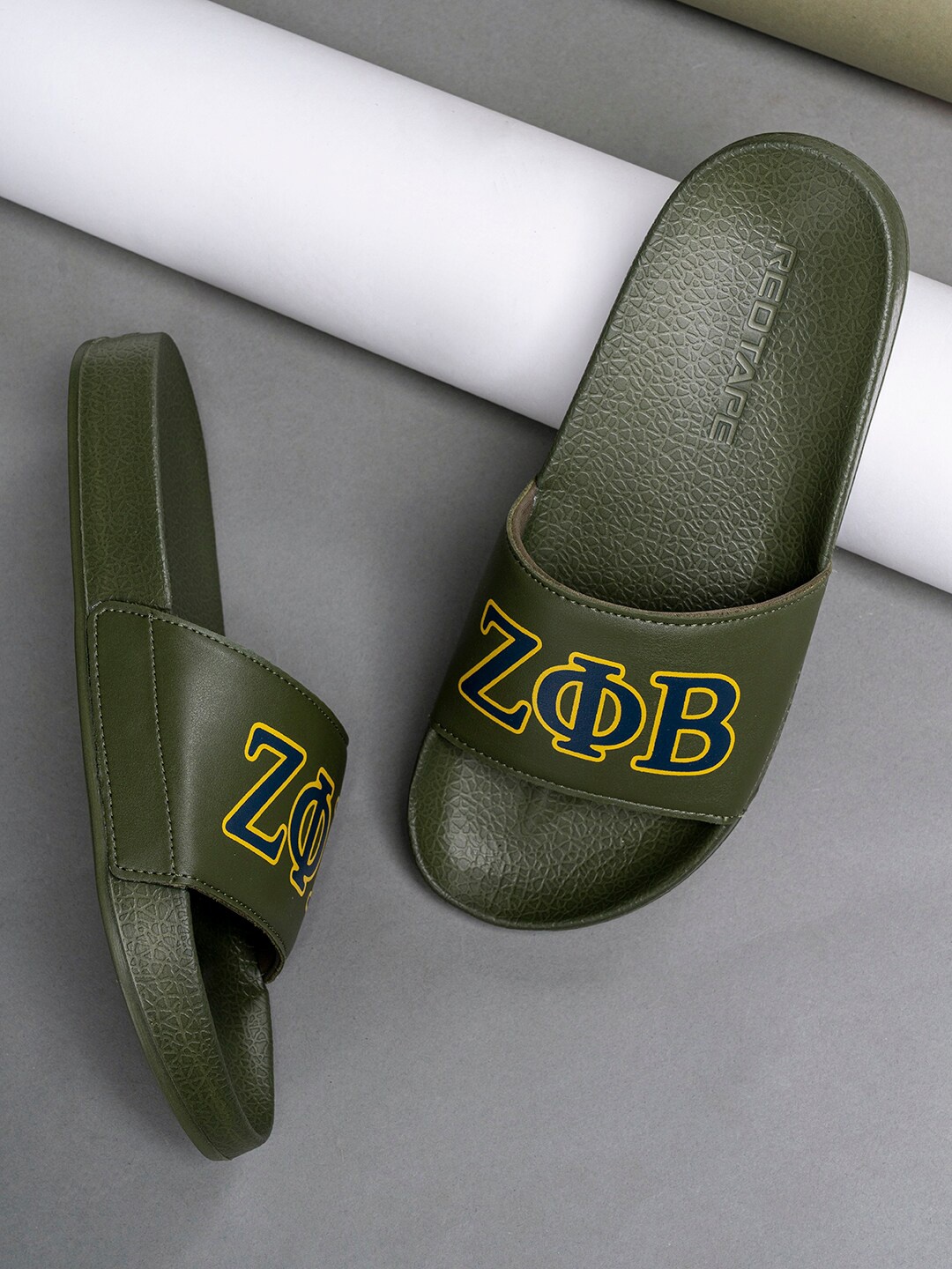 

Red Tape Men Olive Green & Yellow Printed Sliders