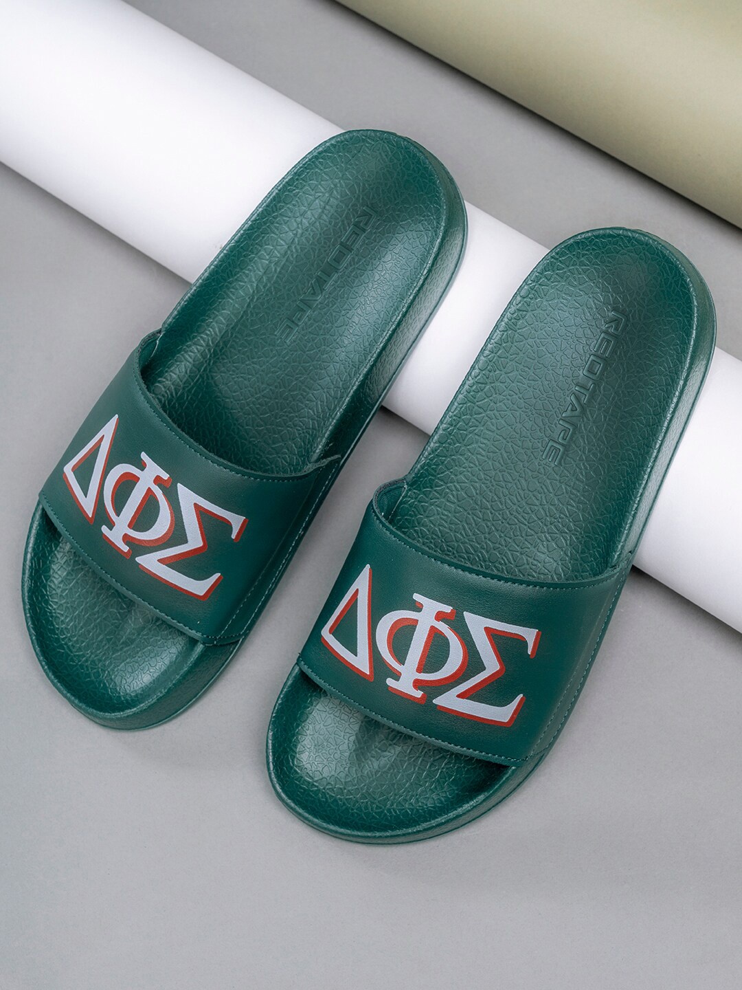 

Red Tape Men Green & White Printed Sliders