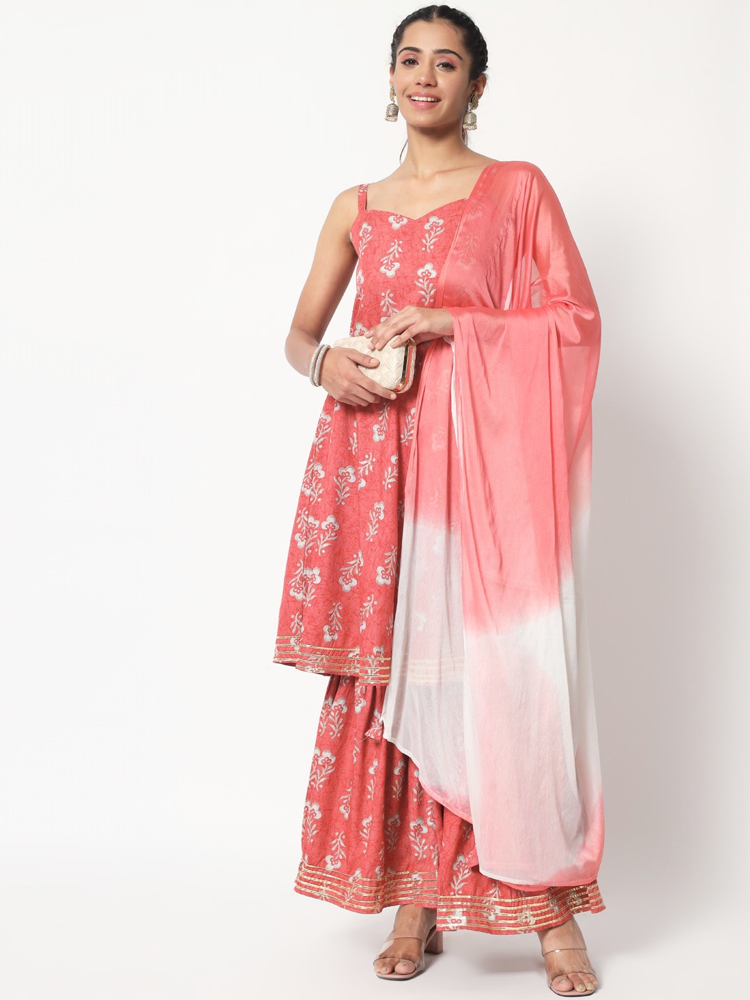 

Sitaram Designer Women Coral Floral Printed Empire Kurta with Sharara & Dupatta