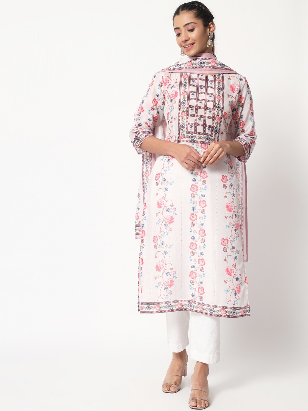 

Sitaram Designer Women Floral Printed Kurta with Trousers & Dupatta, Off white