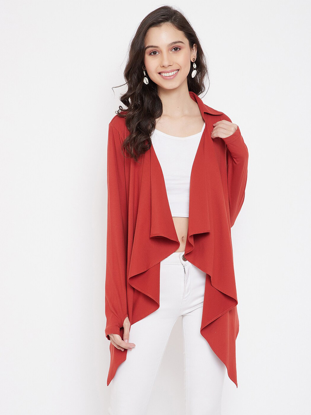

Hypernation Women Red Longline Cotton Shrug