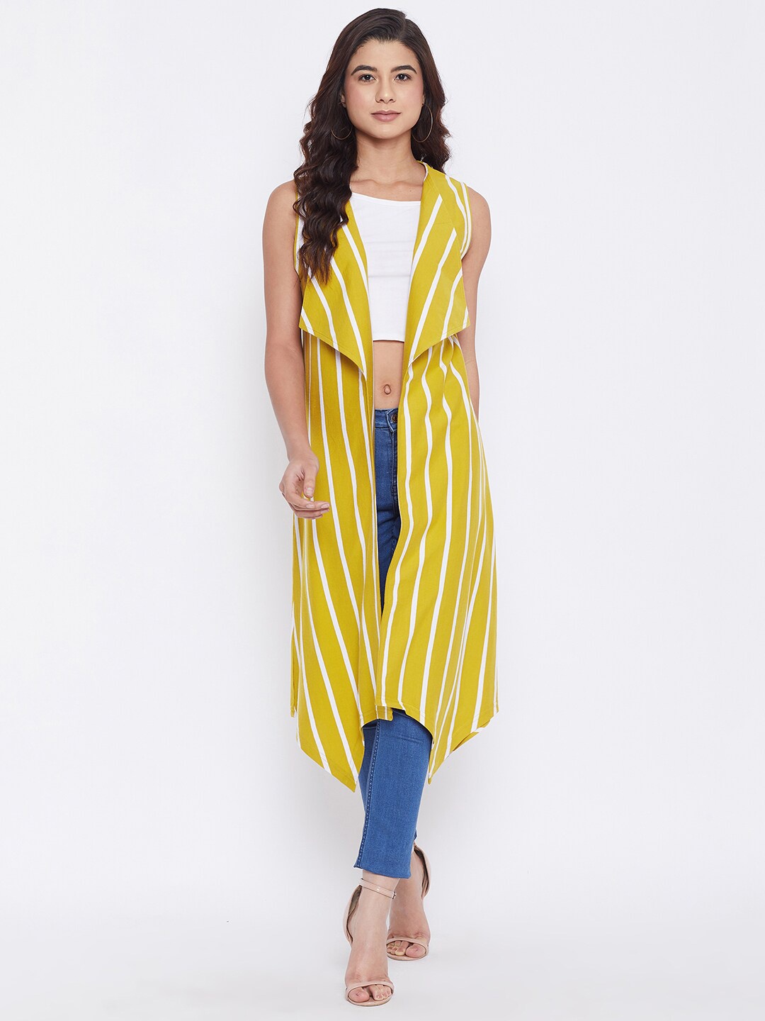 

Hypernation Women Yellow & White Striped Pure Cotton Longline Shrug