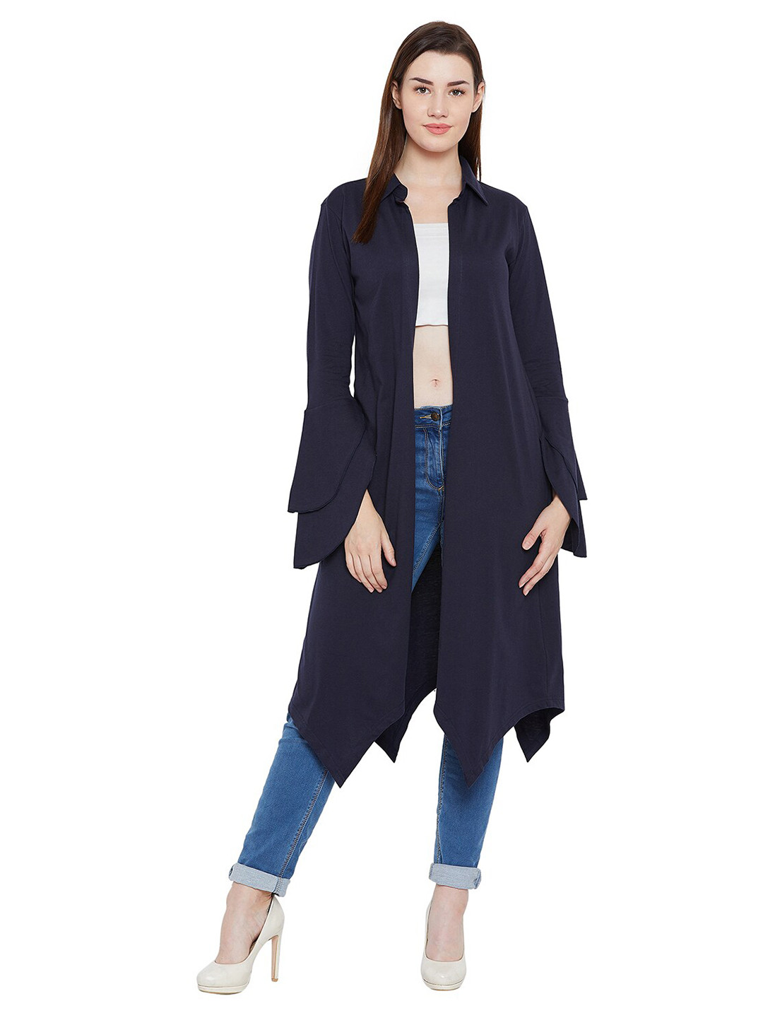 

Hypernation Women Navy Blue Longline Pure Cotton Shrug