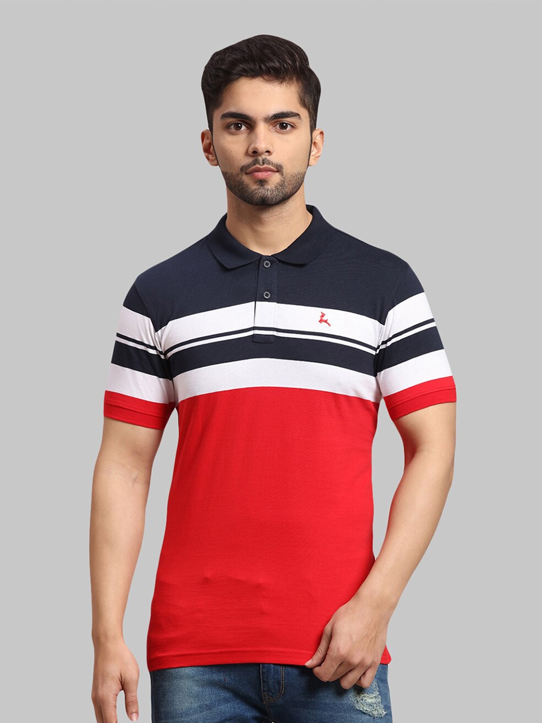 

Parx Men Blue & Red Striped Polo Collar Cotton T-shirt