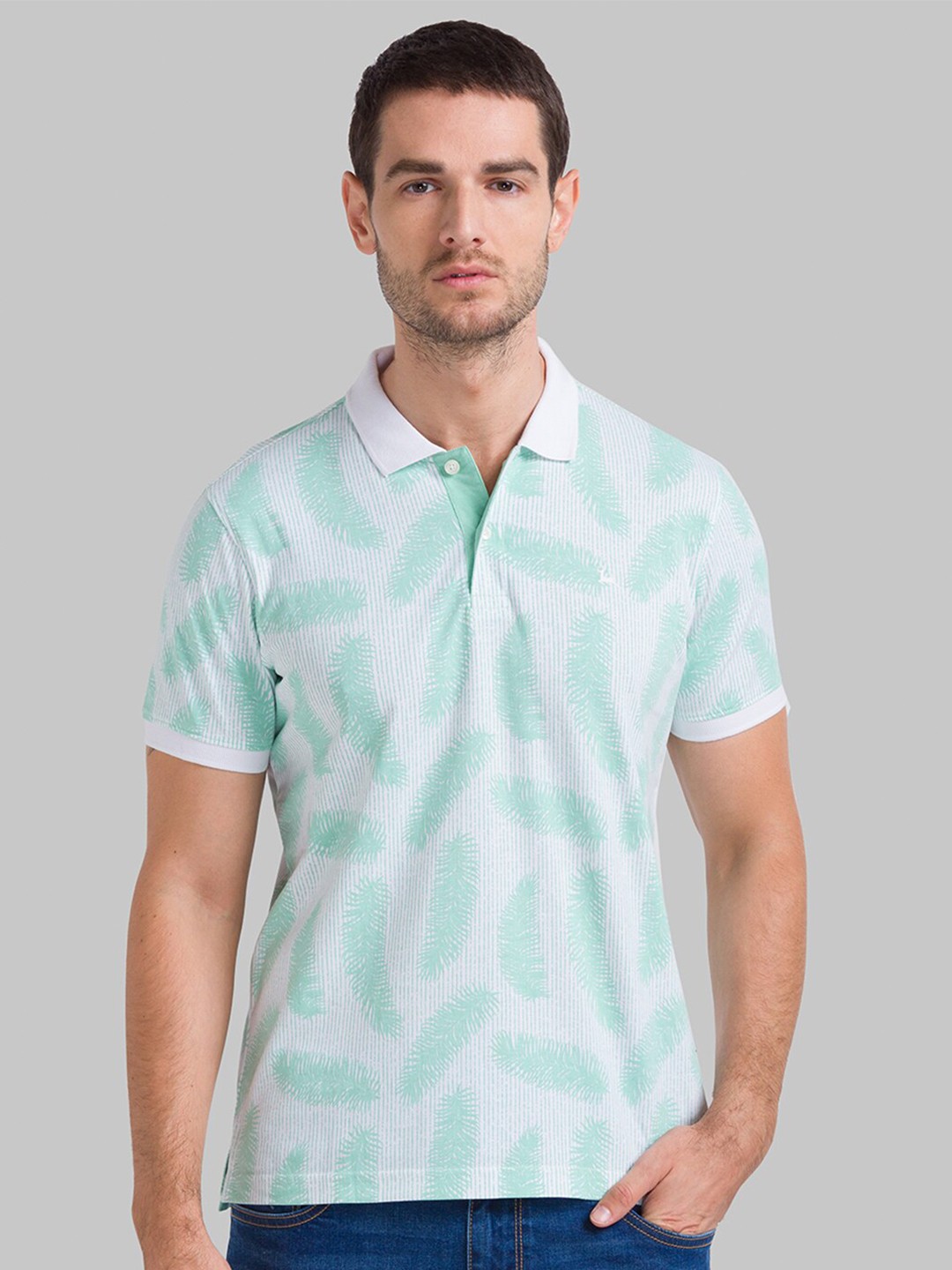 

Parx Men White & Sea Green Printed Polo Collar Cotton T-shirt