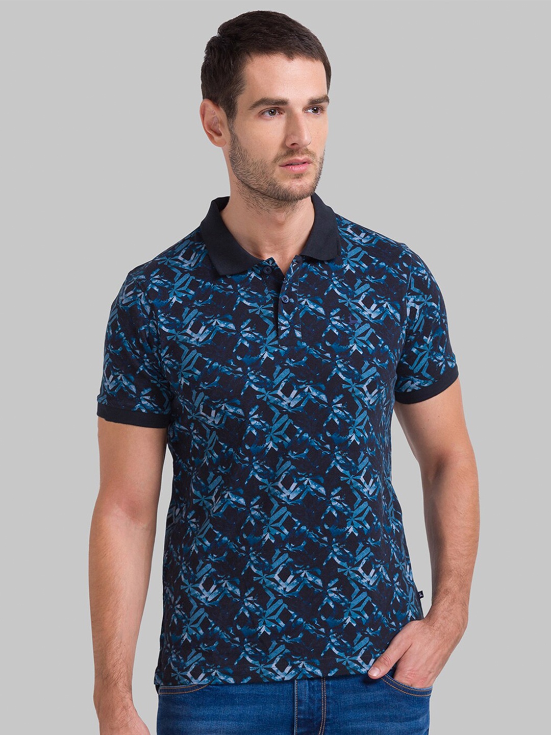 

Parx Men Navy Blue & Blue Printed Polo Collar Cotton T-shirt
