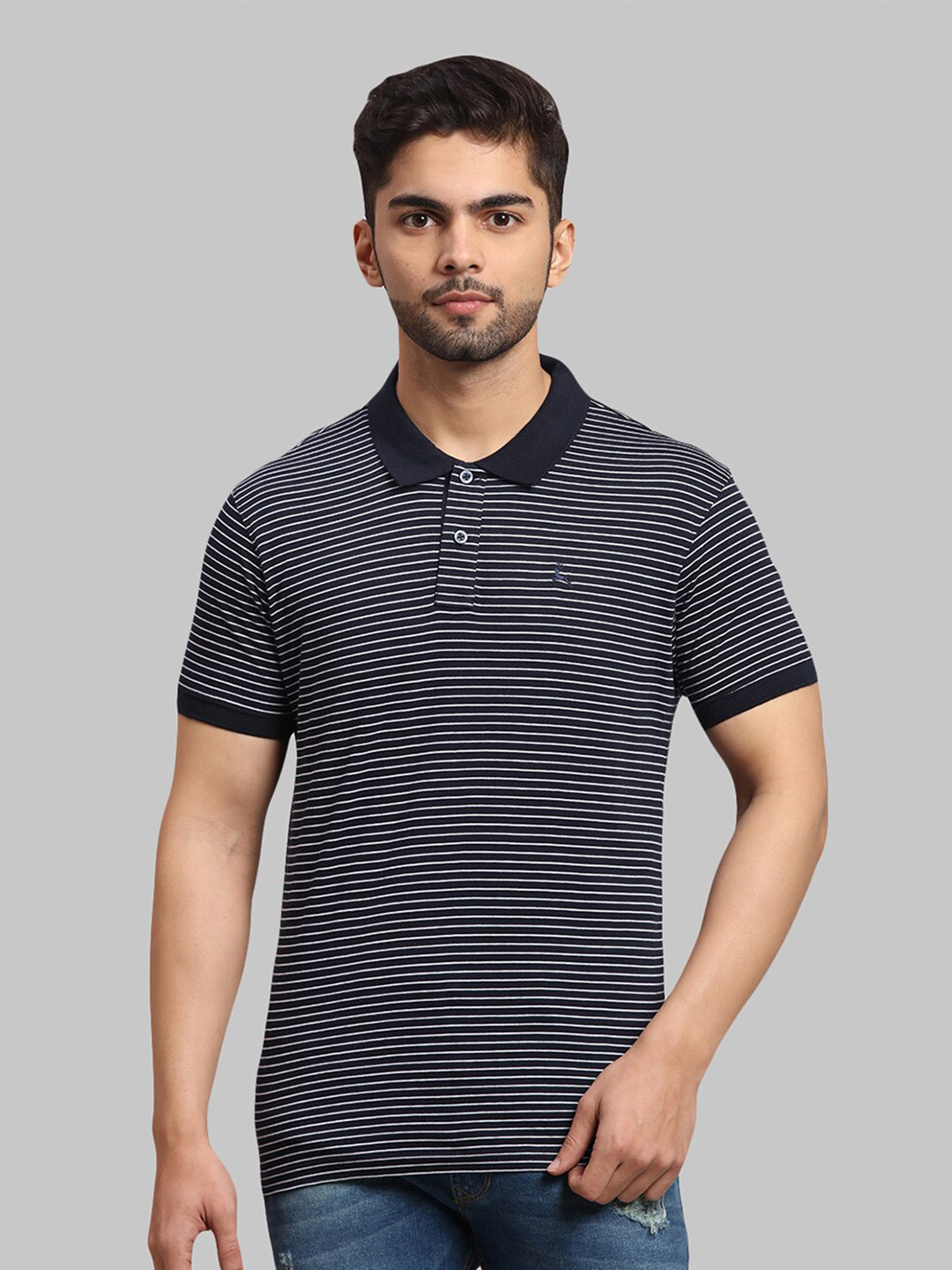 

Parx Men Navy Blue Striped Polo Collar Cotton T-shirt