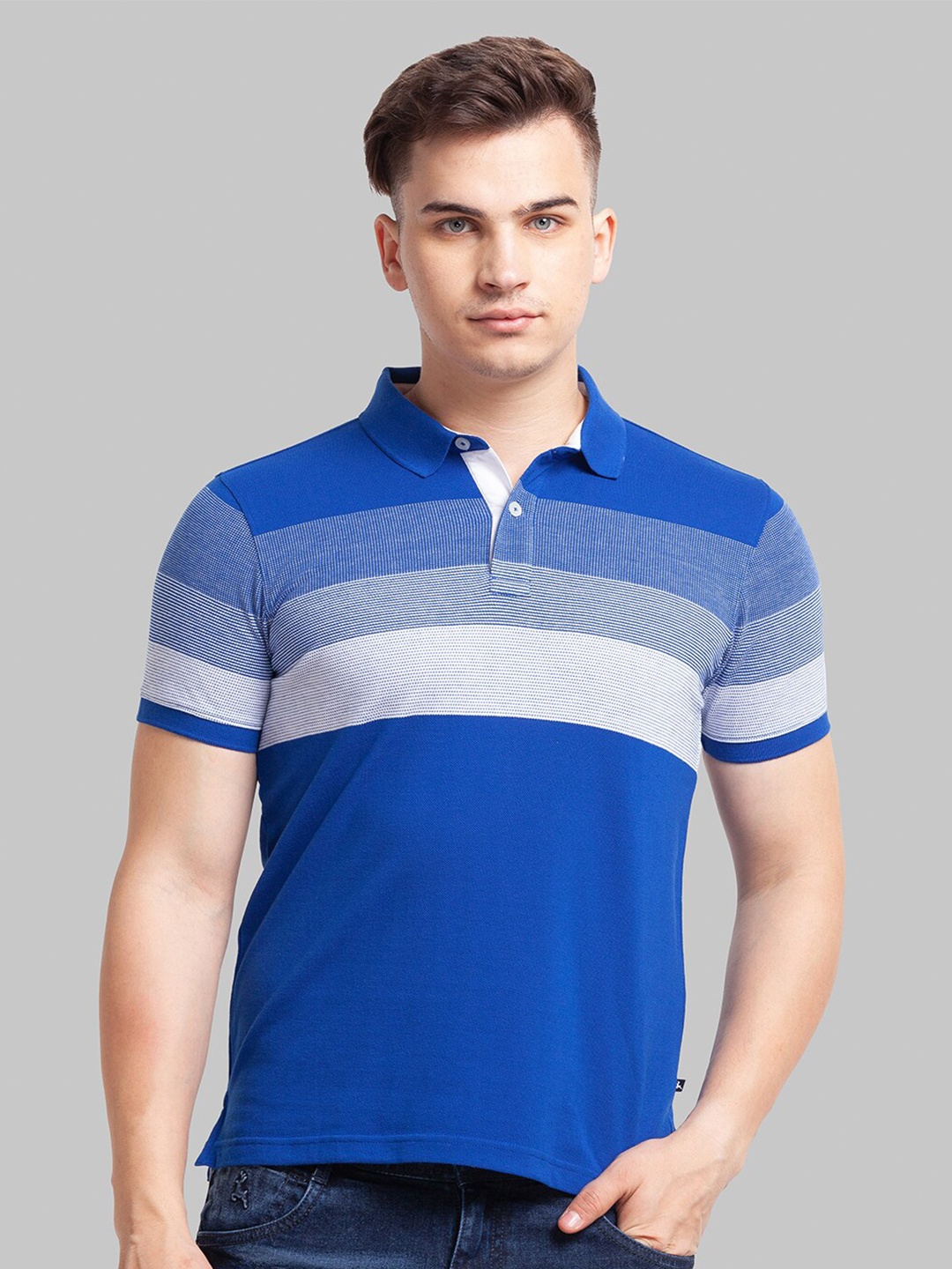 

Parx Men Blue & Grey Colourblocked Polo Collar Cotton T-shirt