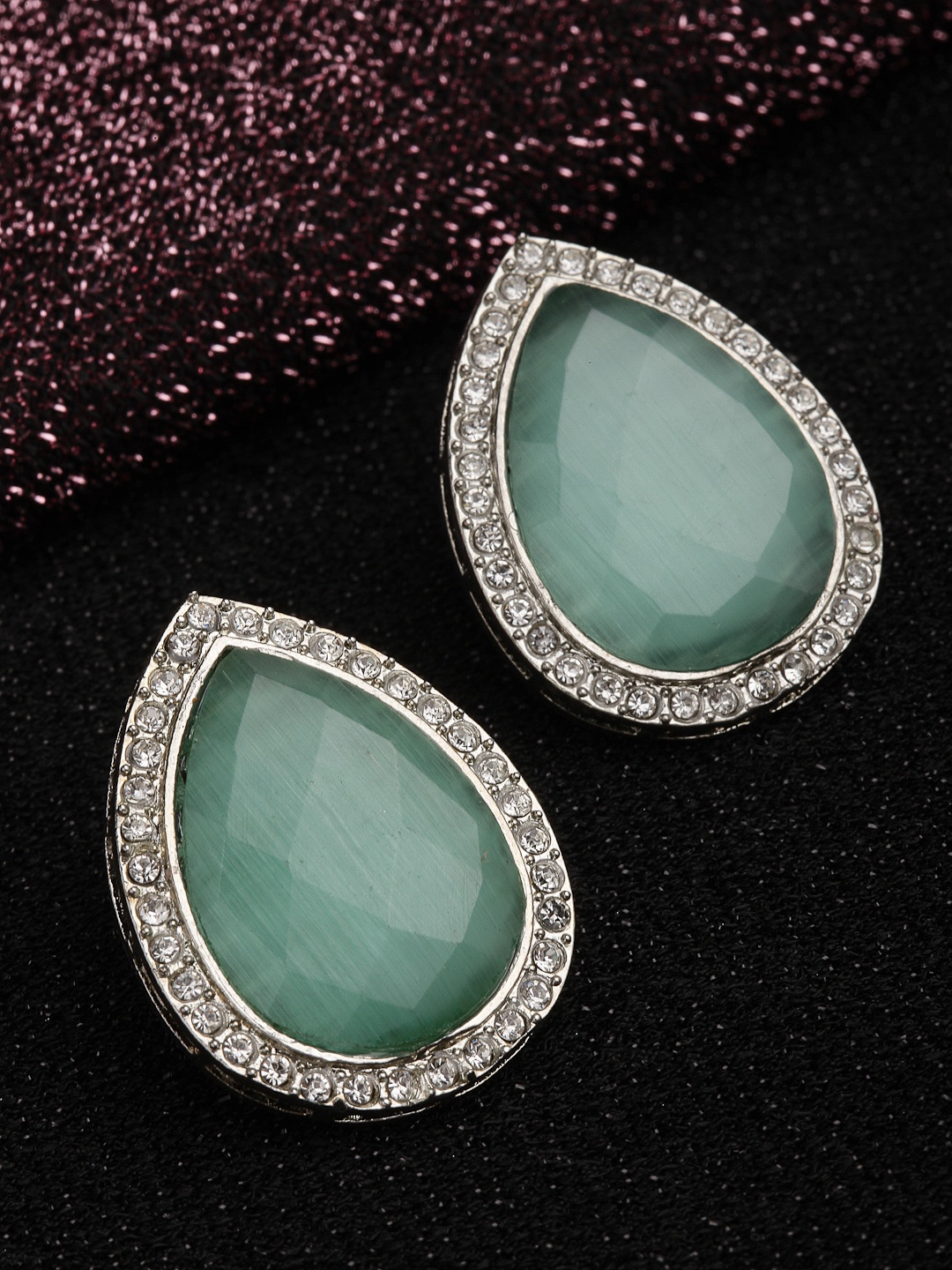 

PANASH Silver-Plated & Green Classic Studs Earrings