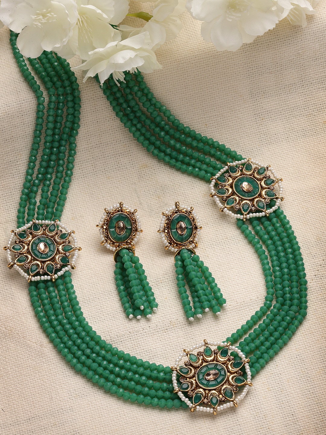 

PANASH Women Gold-Plated Green Stone & Beads-Studded Jewellery Set