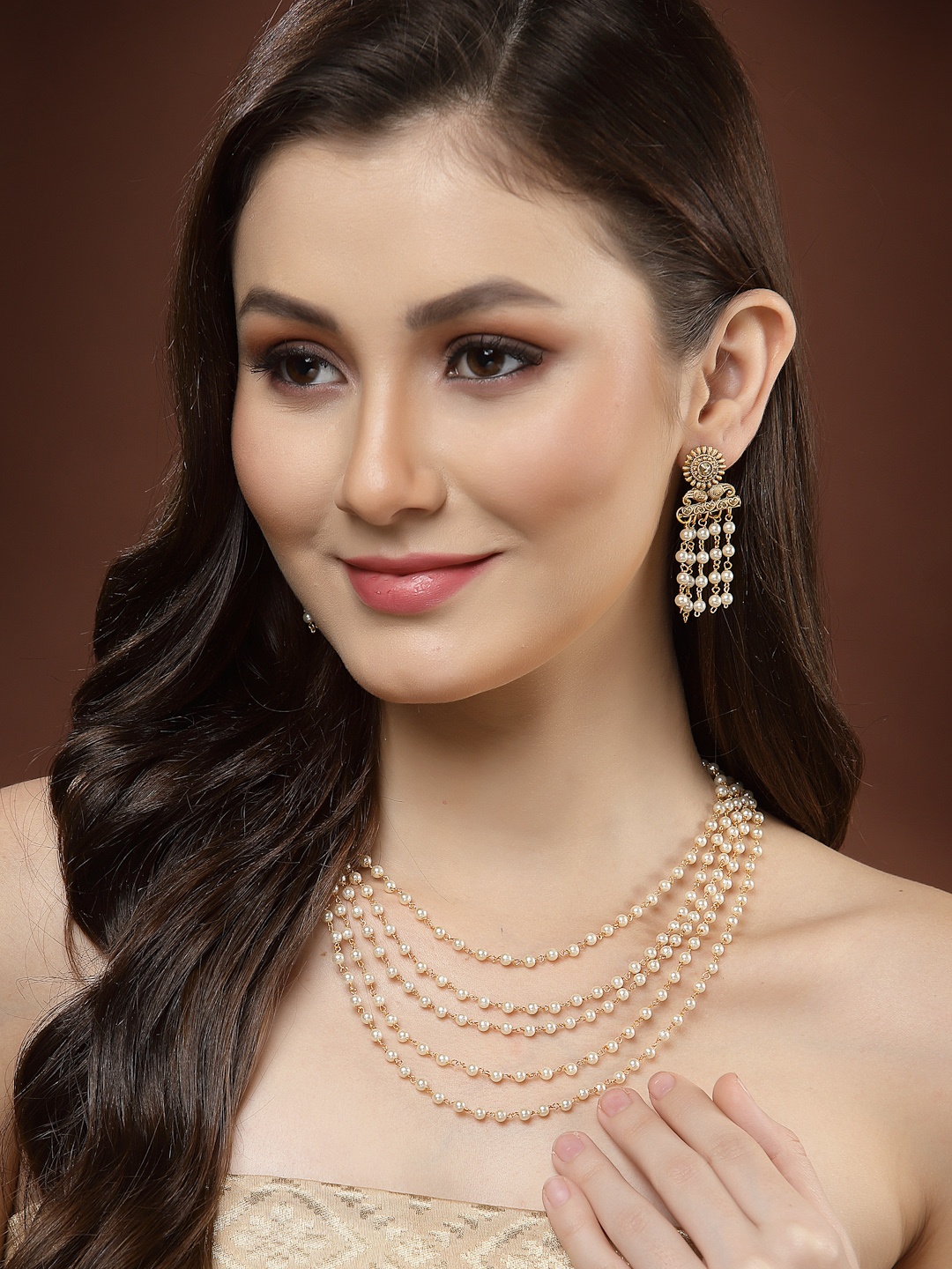 

PANASH Women Gold-Plated White Pearl Layered Jewellery Set