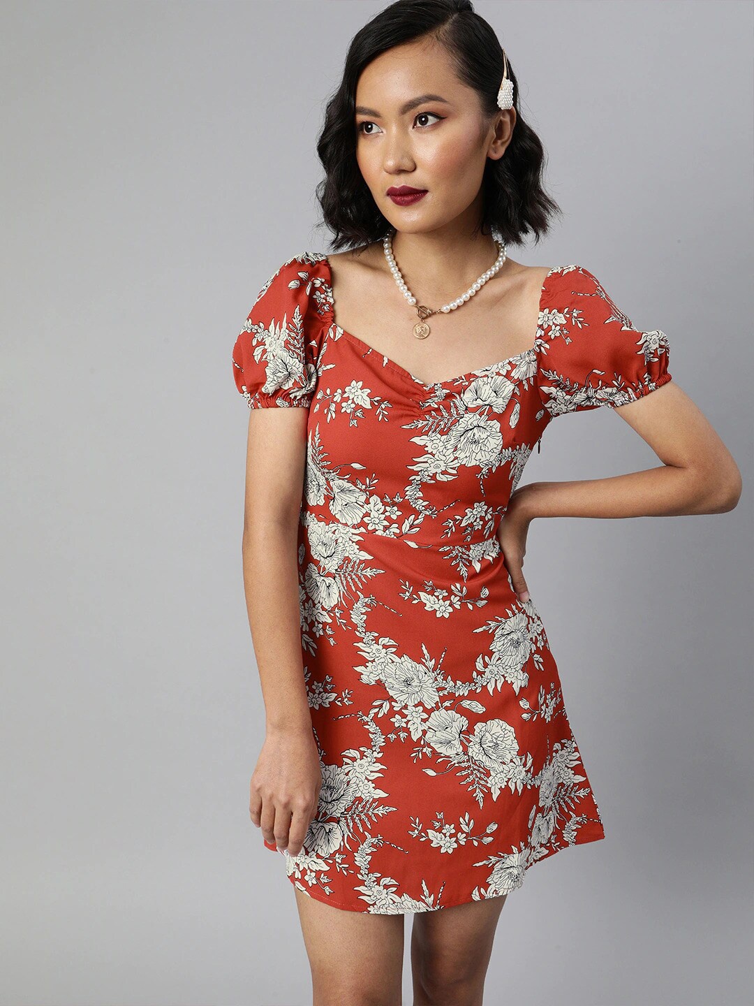 

Sera Red & Grey Floral Printed A-Line Dress