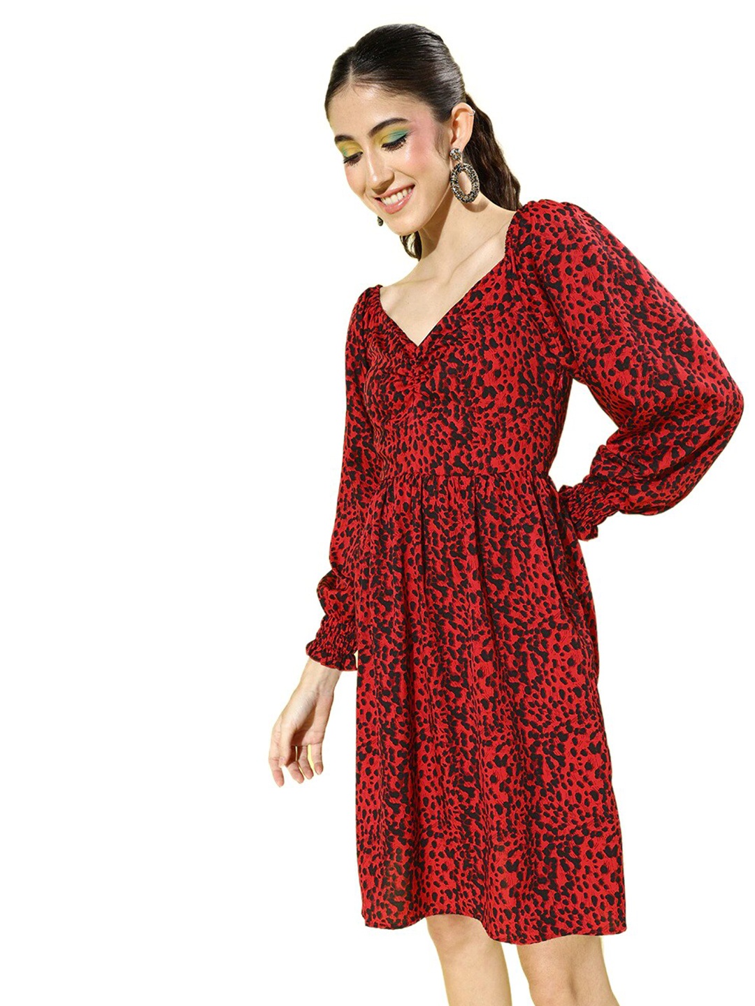 

Sera Red & Black Animal Printed Fit & Flare Dress