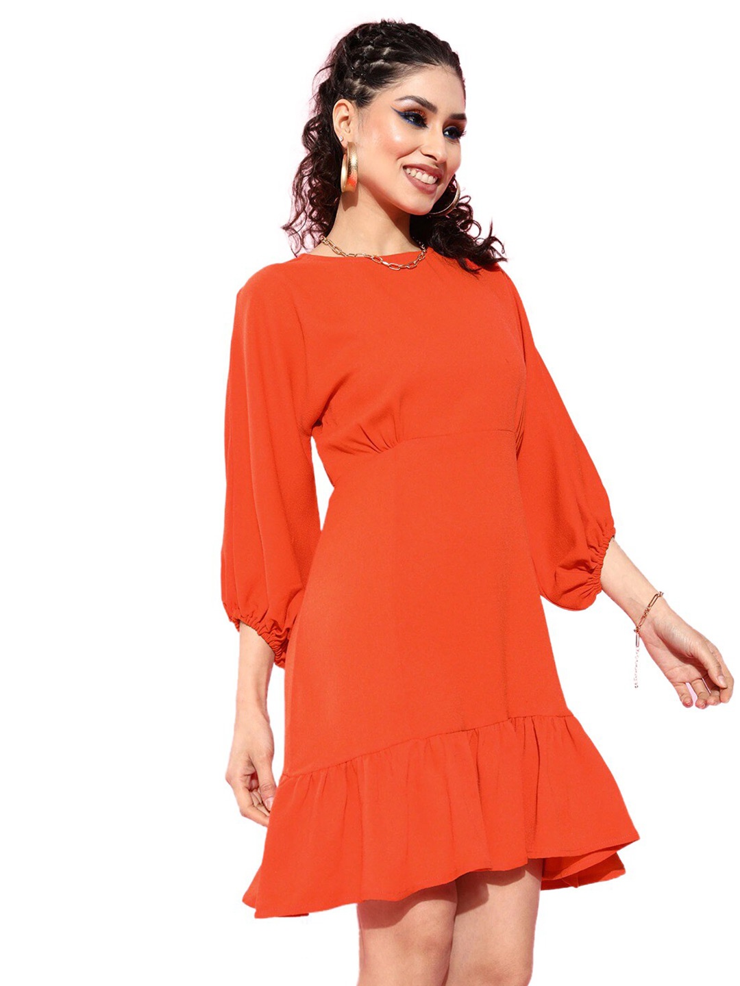 

Sera Orange Flounce Puff Sleeves A-Line Midi Dress