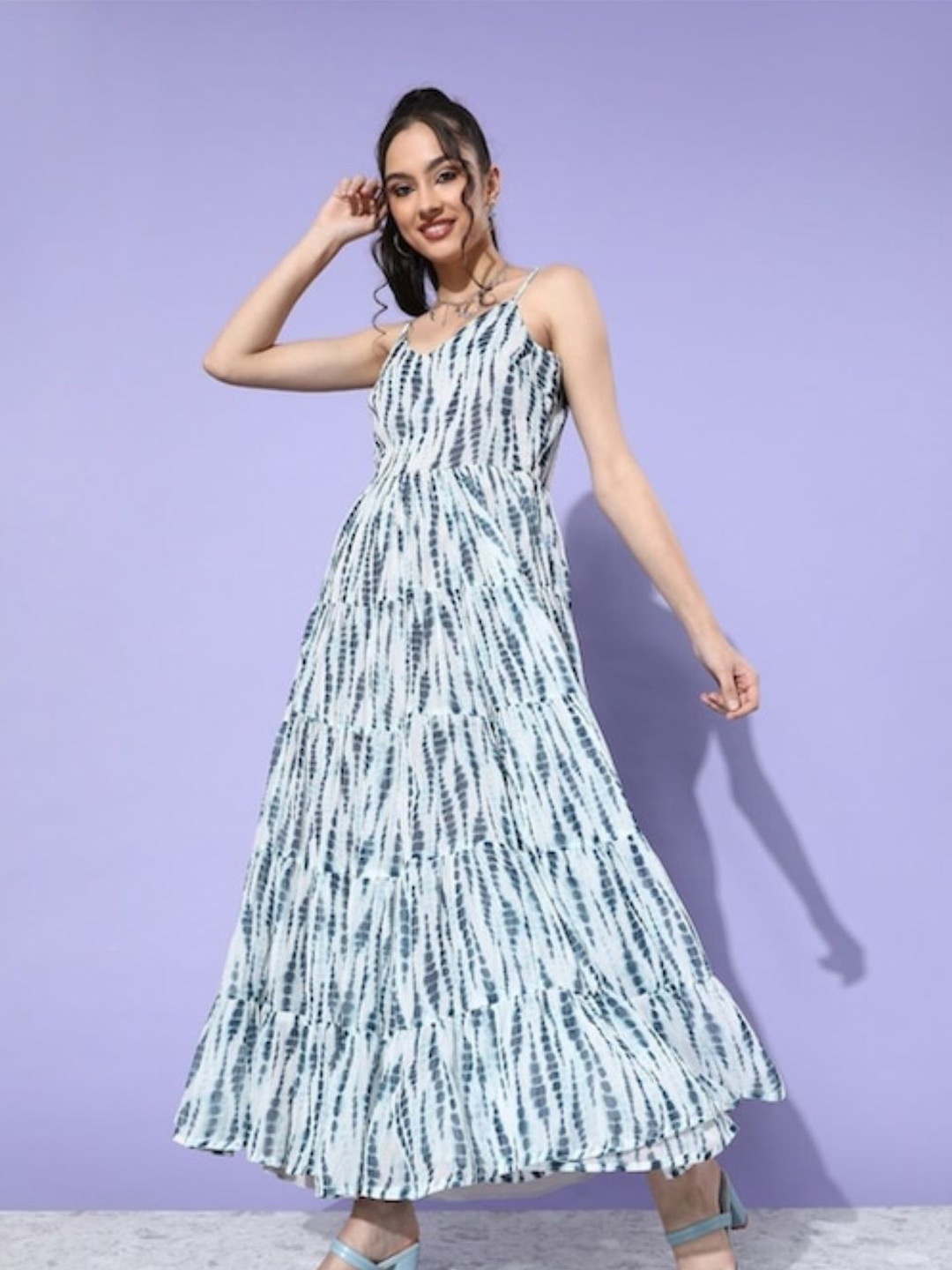 

Sera Blue Abstract Printed Tiered Fit & Flare Dress