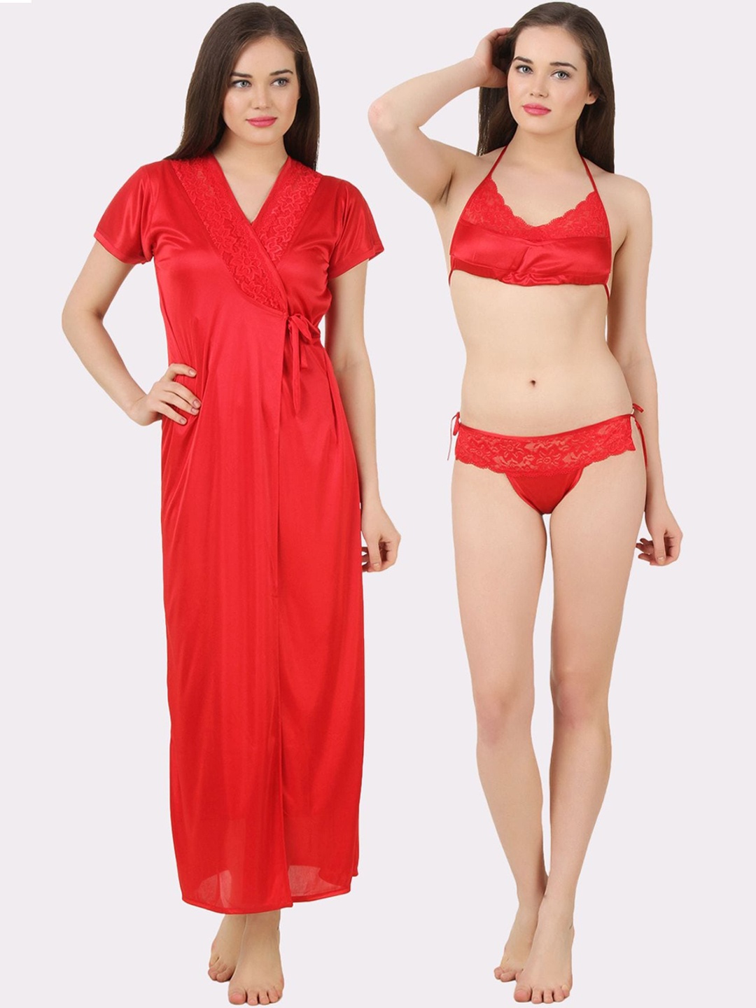 

Fasense Lace Lingerie Set with Robe, Red