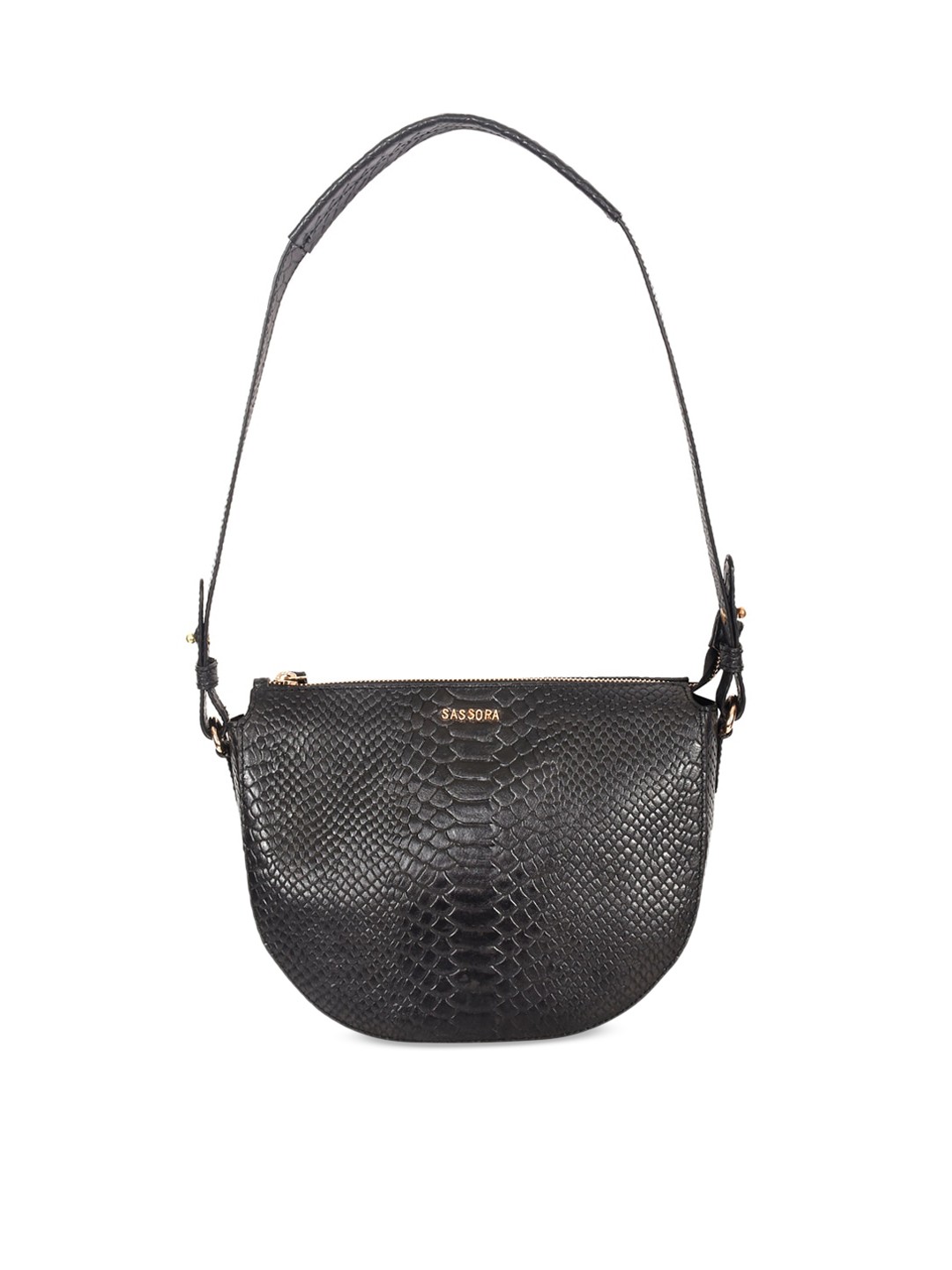 

Sassora Black Leather Half Moon Shoulder Bag with Tasselled