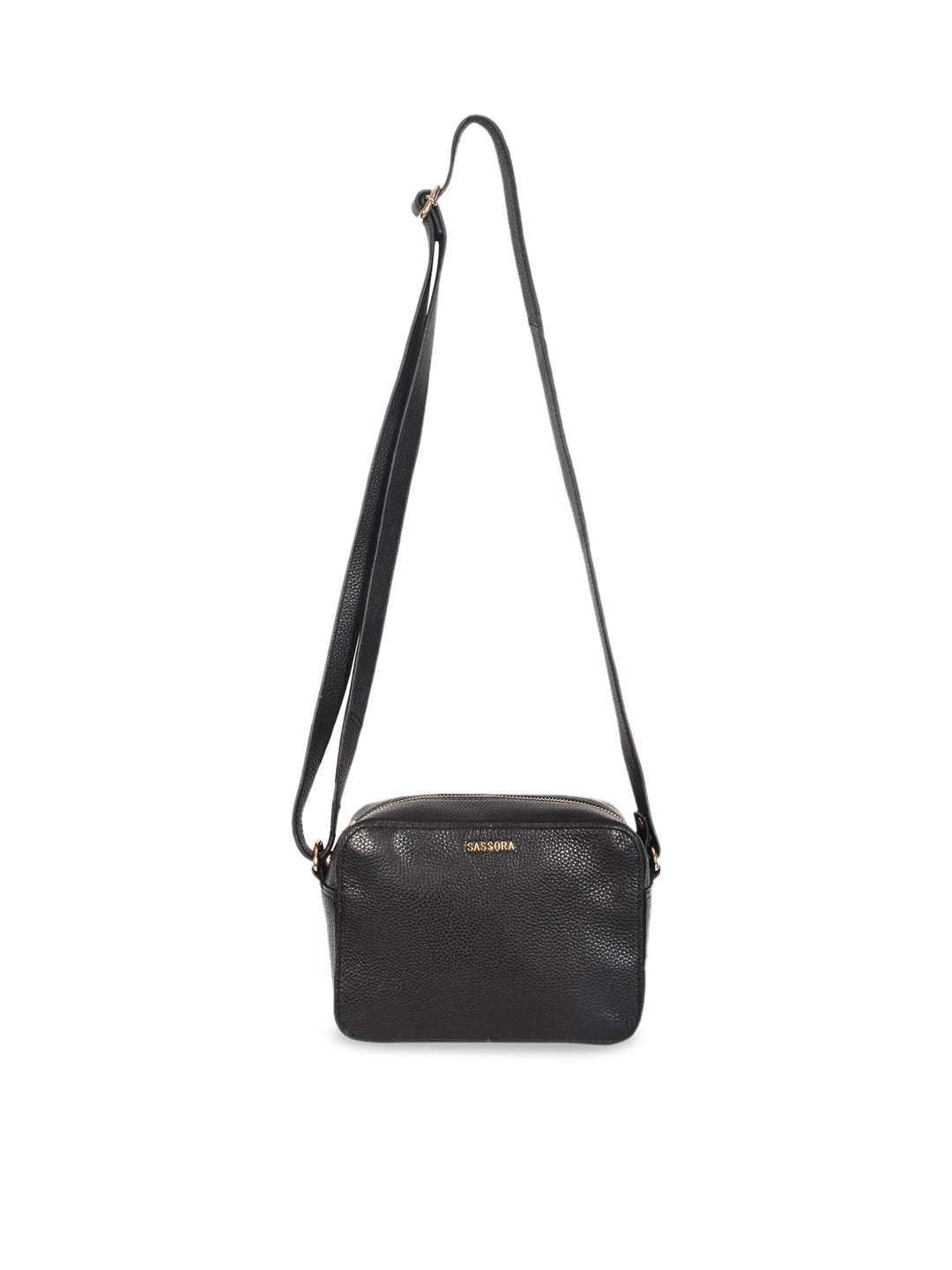 

Sassora Black Leather Structured Sling Bag